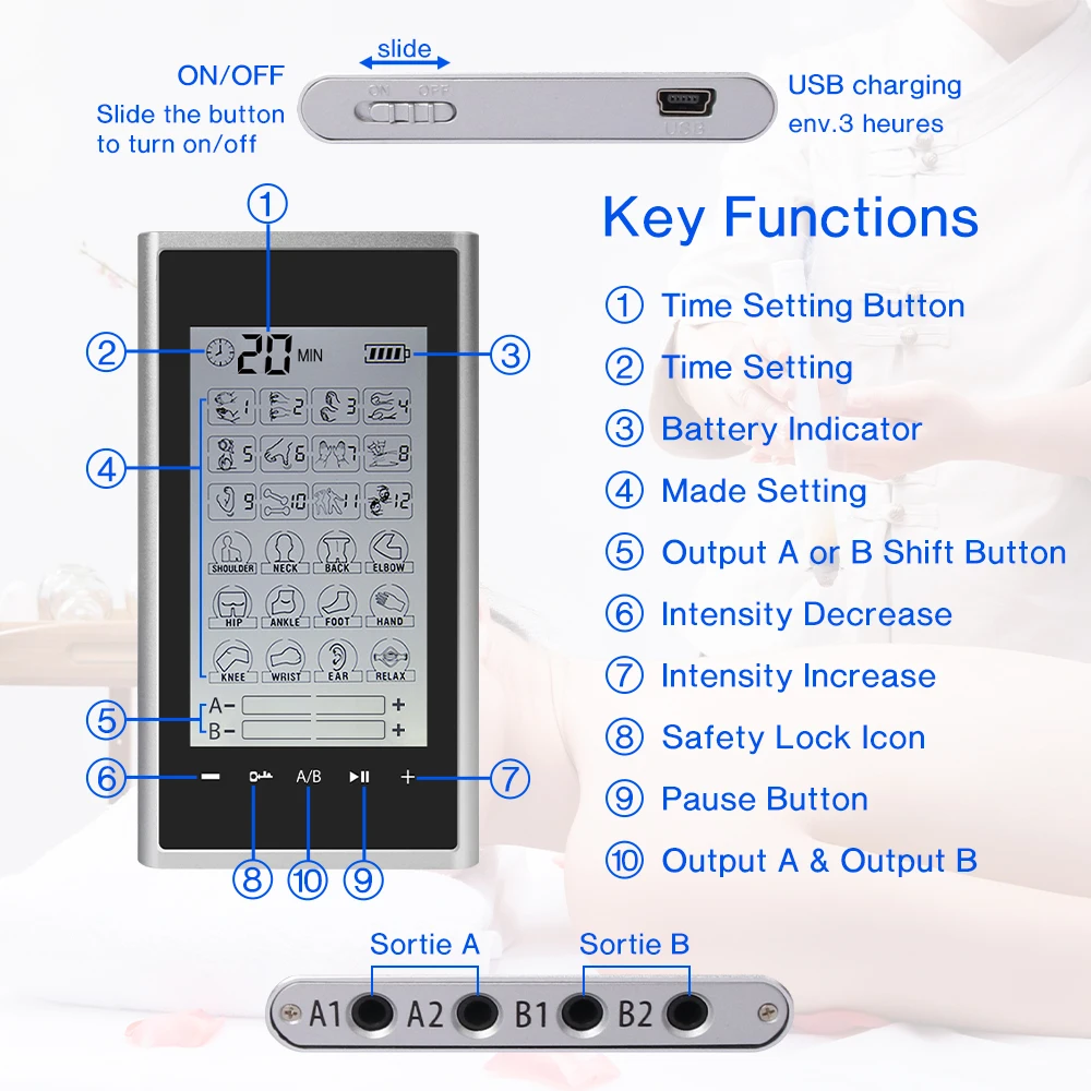 4 Output Channel Multi-Functional 24 Modes EMS Professional Muscle Electrostimulator Physiotherapy Tens Machines Pain Relief Pad