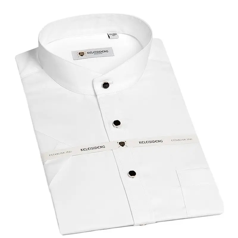 

Pure Cotton Soft Social Shirts Summer Men's Solid Dress Shirt Mandarin Collar Short Sleeve Comfortable Business Male Clothing