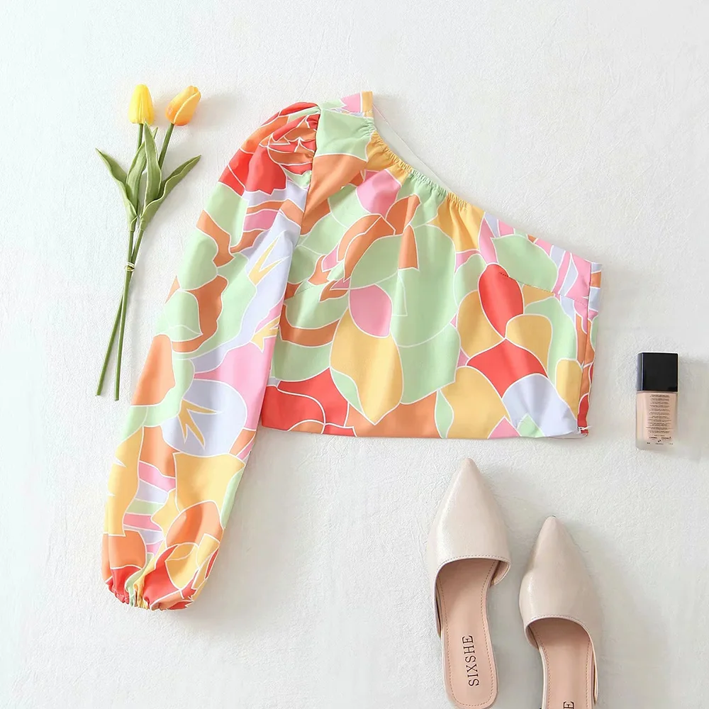 XEASY Summer Women Vintage Casual Two-Piece Set Color Print Asymmetrical Sleeves Shirt Female Slim High Waist Mini Skirt  Set