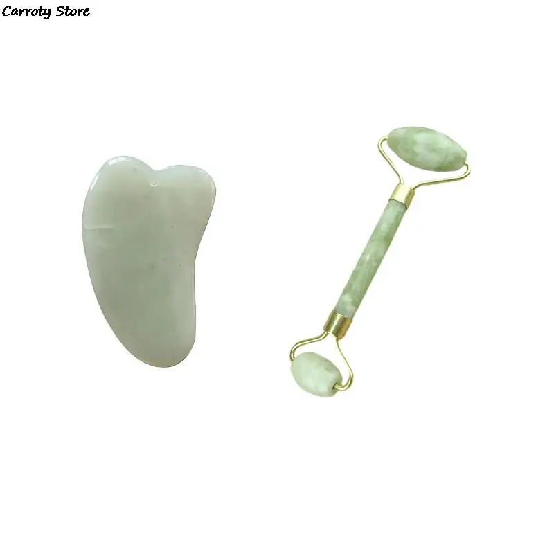 2 In 1 Green Roller And Gua Sha Tools Set By Natural Jade Scraper Massager With Stones For Face Neck Back And Jawline Hand Tools