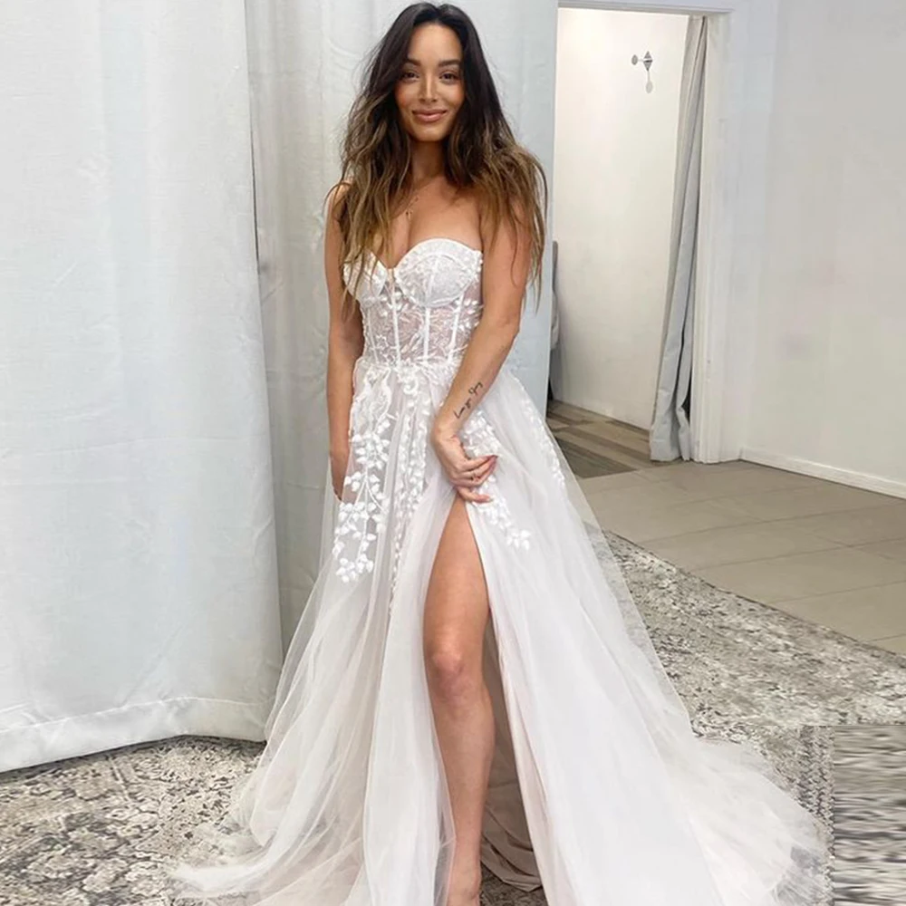 

Angelsbridep Sweetheart Long Wedding Dresses Beach Boho Mariage Gowns A Line Side Slit Princess Bridal Gowns Vestido Branco