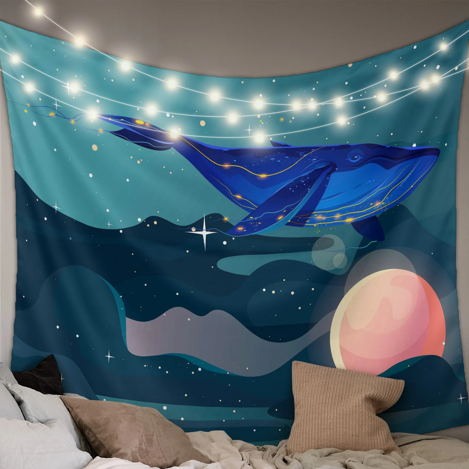 Starry Sky Whale Moon Tapestry Wall Hanging Room Decor Aesthetic College Dorm Bedspread Yoga Mat Beach Towels Portable Tapestry