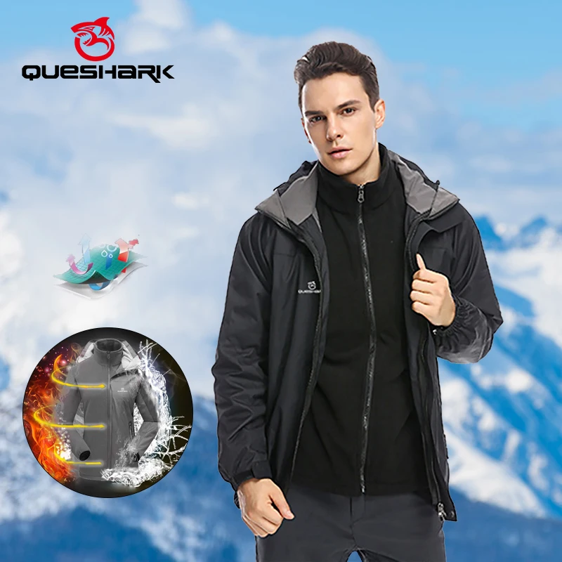 Queshark 3 in 1 Set Men Removable Fleece Thermal Jacket Waterproof Windproof Windbreaker Hiking Trekking Cycling Bicycle Coat