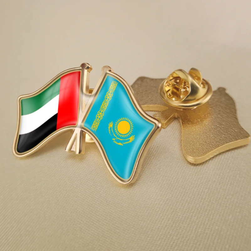 Kazakhstan and United Arab Emirates Crossed Double Friendship Flags Lapel Pins Brooch Badges