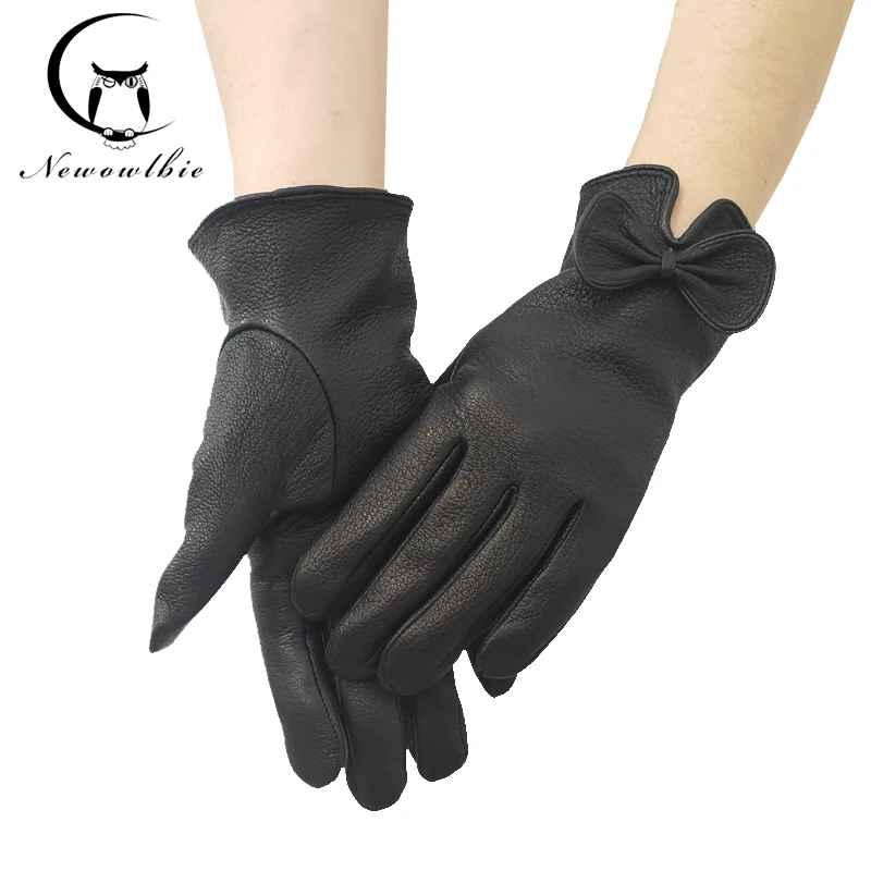 

New ladies gloves leather winter warm fluff ladies soft female Buckskin gloves high quality gloves bowknot