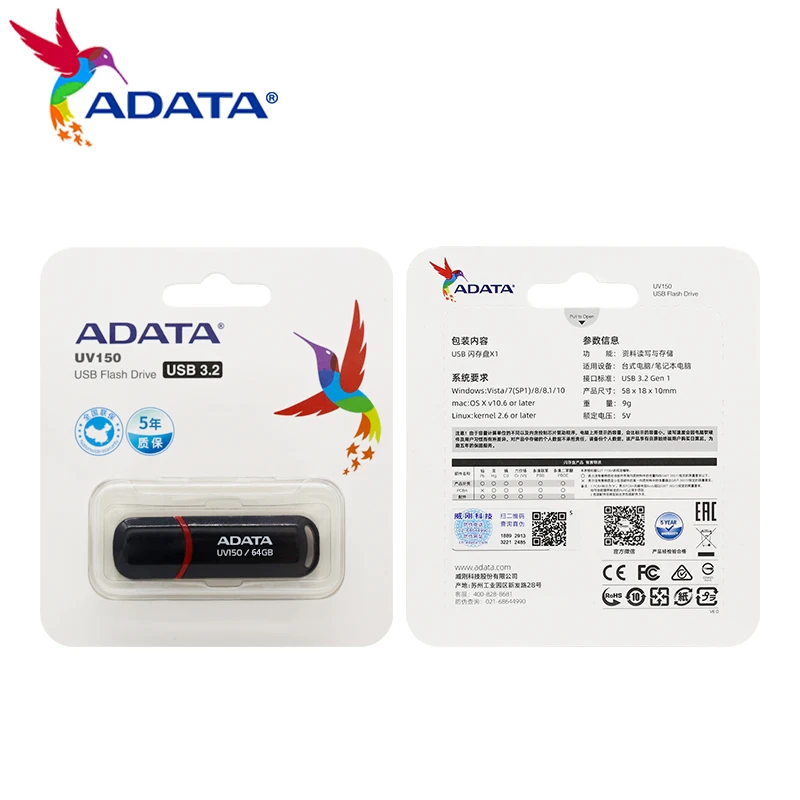 ADATA UV150 USB 3.2แฟลชไดร์ฟ32GB 64GB สีแดงสีดำ Pendrive ความเร็วสูงหน่วยความจำ U Disk แฟลช USB3.2ไดรฟ์ปากกาสำหรับ PC