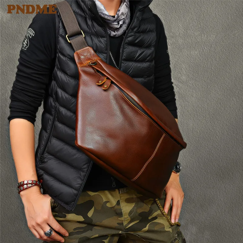 PNDME large capacity genuine leather men's chest bag retro fashion casual real cowhide daily sports big shoulder messenger bags