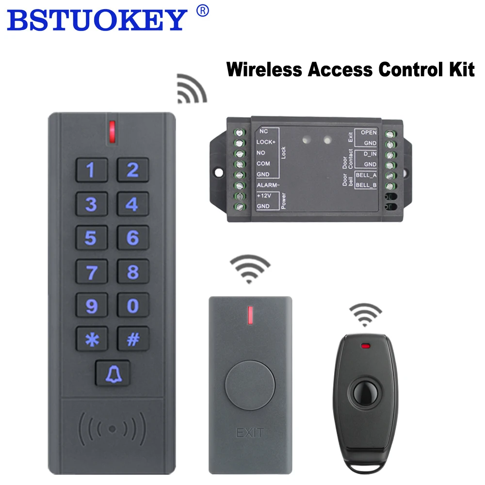 Wireless Access Control System RFID Keypad & Proximity Card Reader, Remote Lock Control & Exit Button Kit - Commercial Security