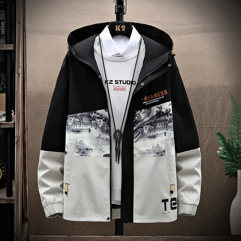 

Nice Spring Autumn Bomber Hooded Jacket Men Casual Slim Patchwork Printing Windbreaker Coat Male Coat Youth Clothing