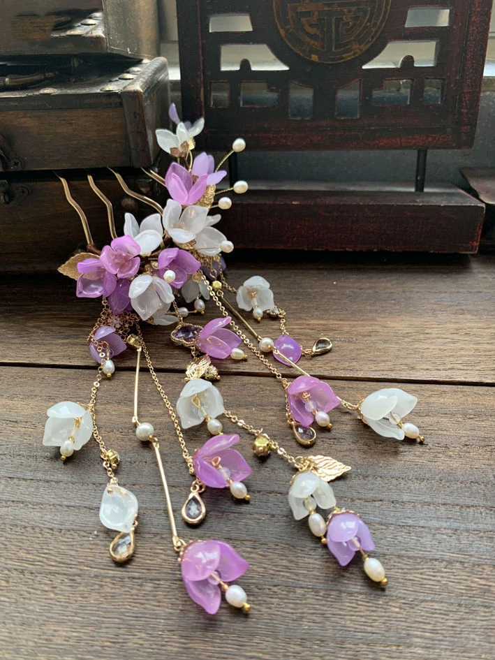 Liu Fang YZQ Purple Pink  Wisteria Flower Long Tassel Hair Stick Pearl Beading Hair Accessories Tang Japanese Style Hair Jewelry