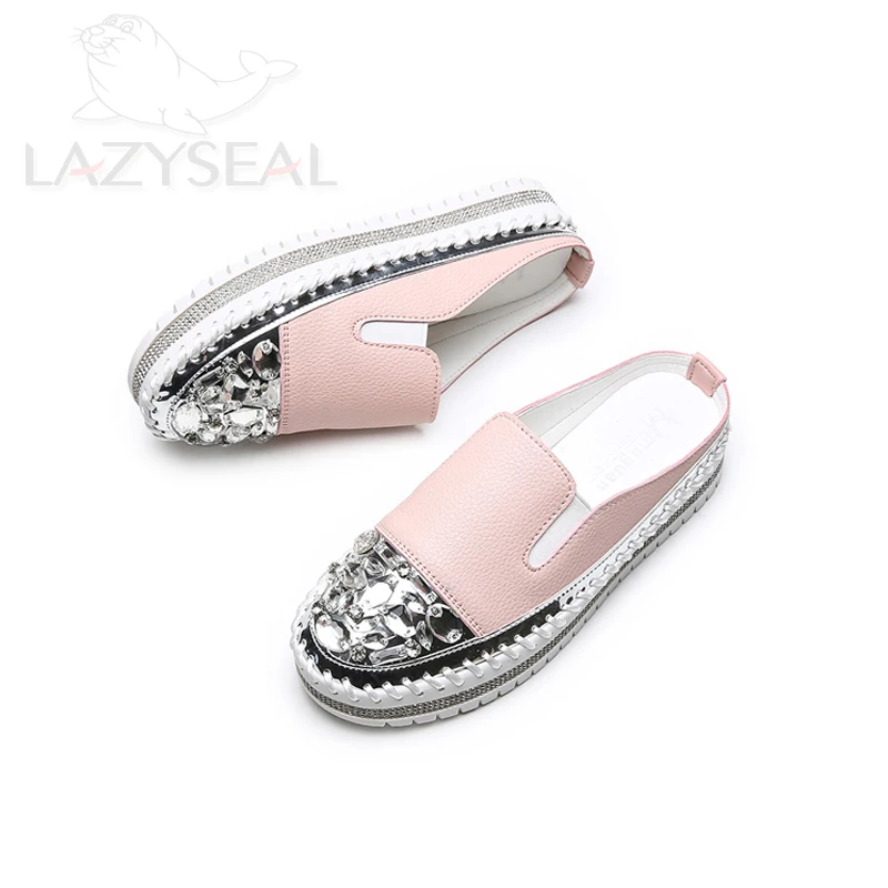 LazySeal Bling Rhinestone Luxury Design Summer Platform Slides Women Shoes Chunky Heel Bottom Pink Flip Flops Crystals Slippers