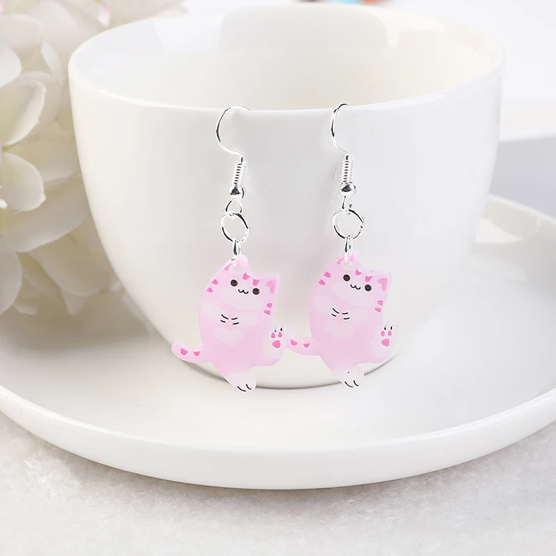 1pair Earrings For Women Cute Acrylic Hip Hop Girls Gift Cartoon Heart Cat Drop Earrings Night Club Party Jewelry
