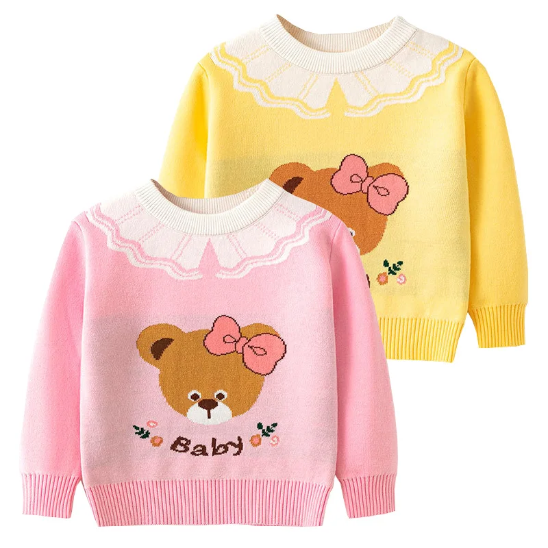

Свитеры для девочек с рисунком милого медведя, детский пуловер из хлопковой смеси на осень и зиму, качественная модная детская одежда, вязаная одежда