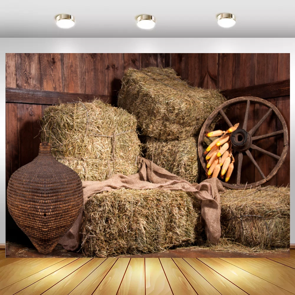 Mùa Thu Bằng Gỗ Cũ Kho Nông Thôn Nông Trại Đống Cỏ Khô Gỗ Bánh Xe Đảng Bé Chân Dung Photocall Ảnh Nền Nhiếp Ảnh Backdrop