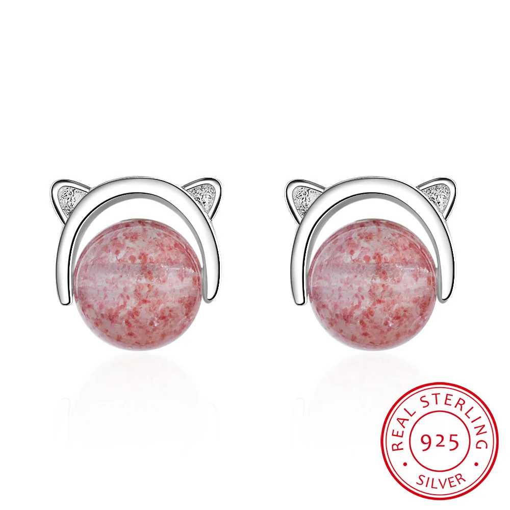 

925 Real Sterling Silver Women Fashion Cute Pink Strawberry Crystal Cat Stud Earrings For Daughter Girls