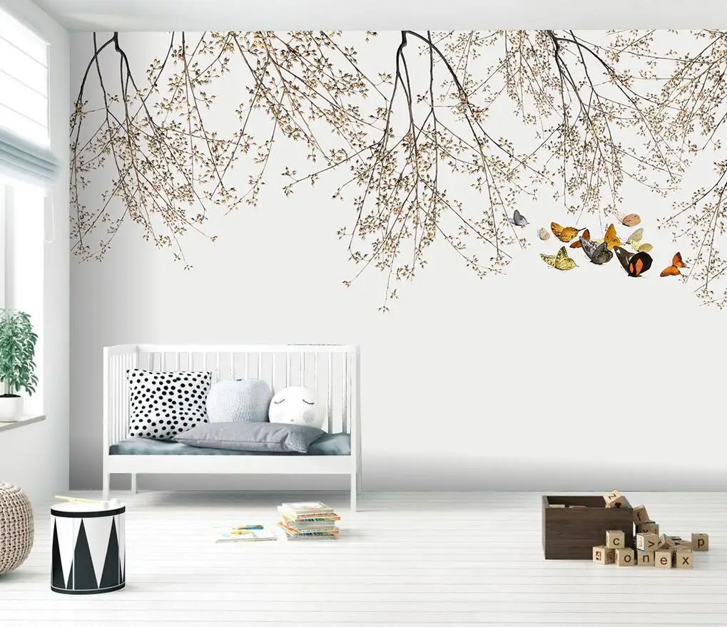 

Custom Mural Wallpaper Modern nordic hand-painted branch butterfly small fresh abstract background wall papers home decor