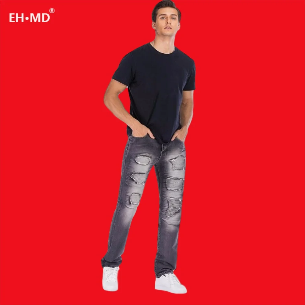 EH · MD® Gray Jeans Men's Pleated Hole Patch Cotton Soft Small Straight High Street Personalized Slim Pants Motorcycle 2020 New