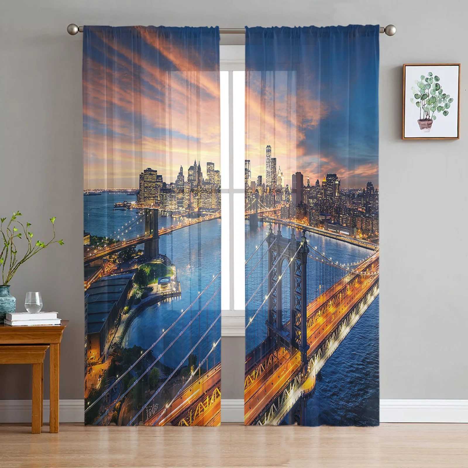 Urban Bridge Brooklyn Sunset City Building Sheer Curtains for Living Room Tulle for Windows Voile Yarn Short Bedroom Curtains