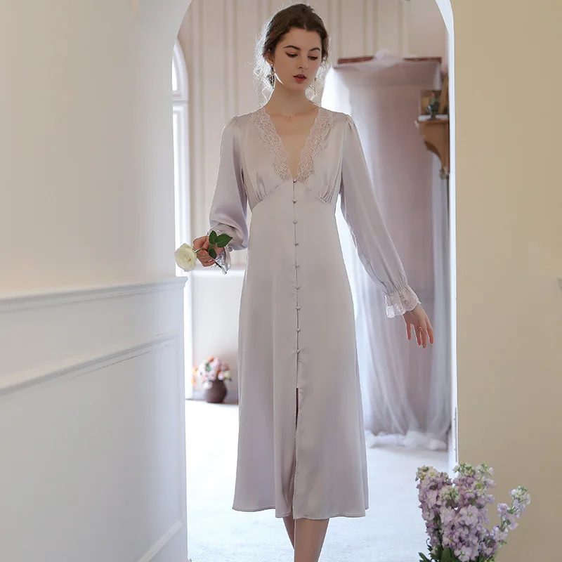 

silky Satin Long Nightgown Female Autumn New Sleepshirt Sexy Deep V Nightdress Lace Trim Princess Casual Homewear Loose Nighty