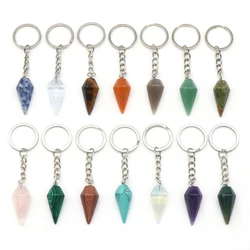 Tapered Stone Keychain Natural Crystal Rose Quartz Amethyst Green Aventurine Agate Opal Malachite Key Chain Jewelry for Women