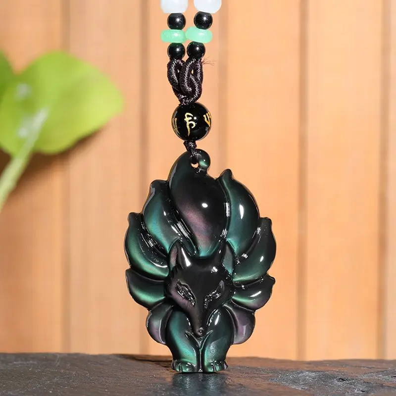 

Natural Ice Colors Obsidian Pendant Chinese Amulet Nine-Tailed Fox Unique Lucky Pendants Necklace Charm Gift Jewelry