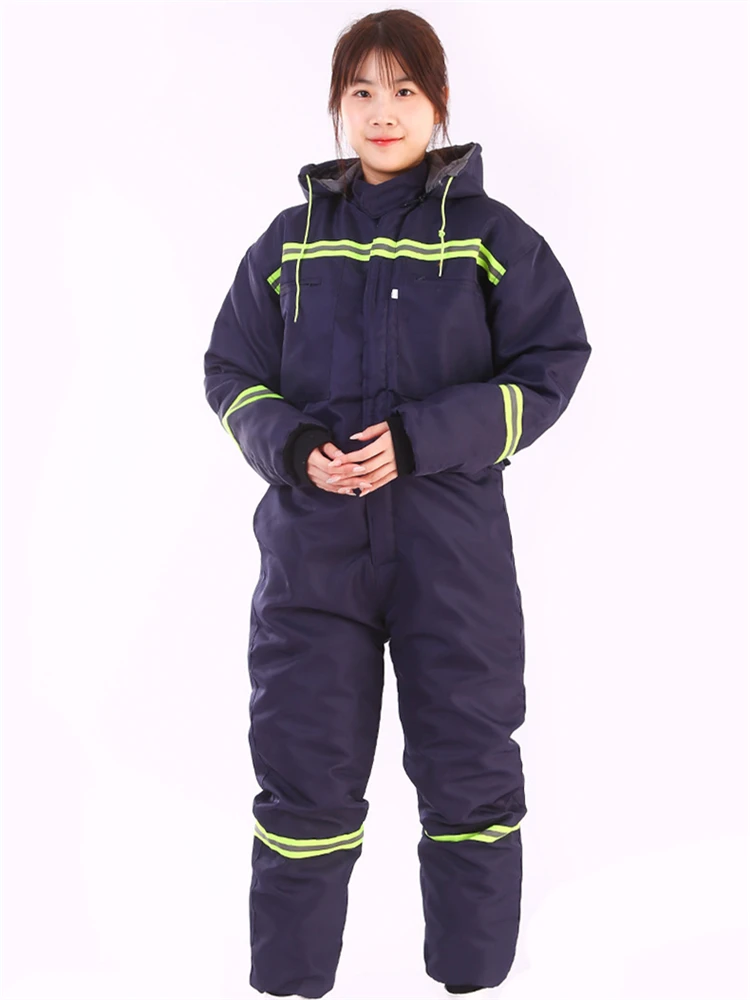 Women Winter Insulated Coveralls Warm Cotton Padded Hooded Work Overalls Thicken Cold Storage Jumpsuit Coats Long Sleeve