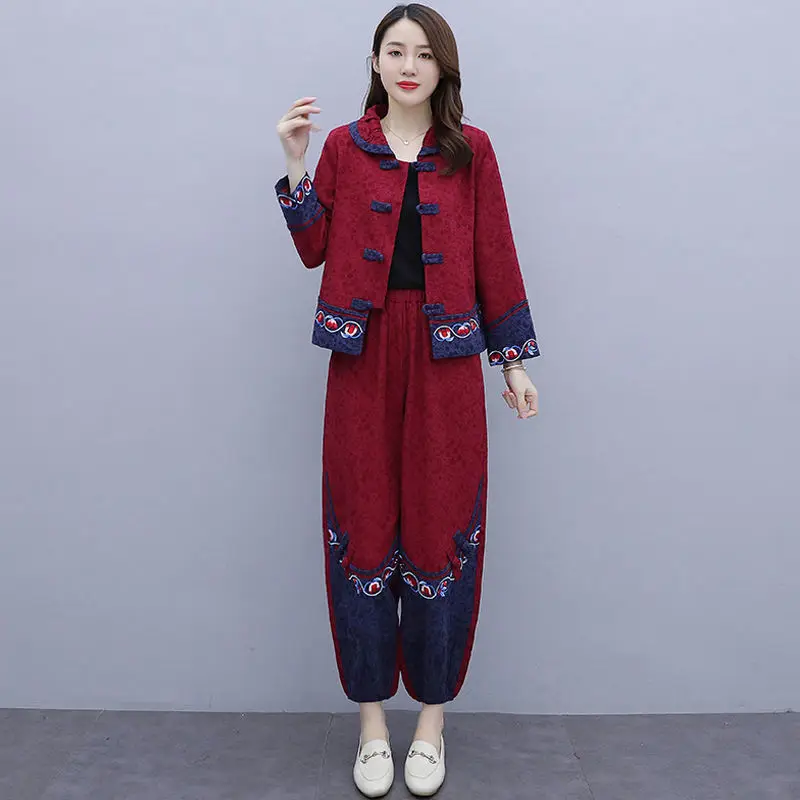 

2024 Retro Embroidered Cotton linen Two Piece Set Women Long Sleeve Coat+Tang Suit Lantern Pants Suit Female Pants Set 5XLC1437