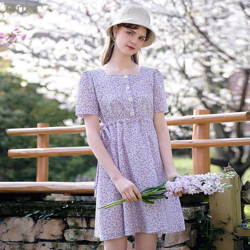 

ARTKA 2021 Summer New Women Dress 100% Cotton Elegant Prairie Chic Floral Dresses Square Collar Short Sleeve Midi Dress LA21019X