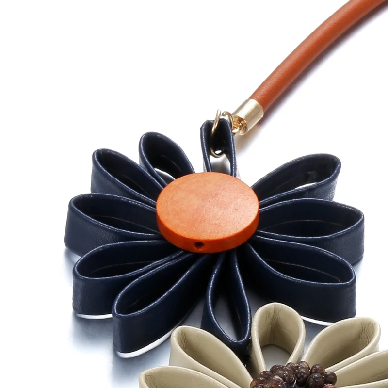 Leather Sun Flower Big Necklace for Women Hand Made Statement Necklace Pendant Vintage Ethnic Jewelry for Gift Party MX110