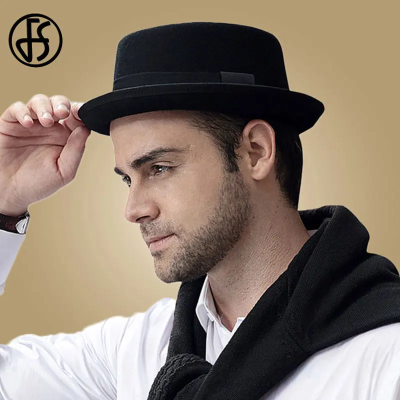 Vintage Pork Pie Hat dla mężczyzn Szerokie rondo Wełniany filc Czarny Fedora Church Jazz Ribbon Trilby Panama Gangsters Caps Gentleman's Style
