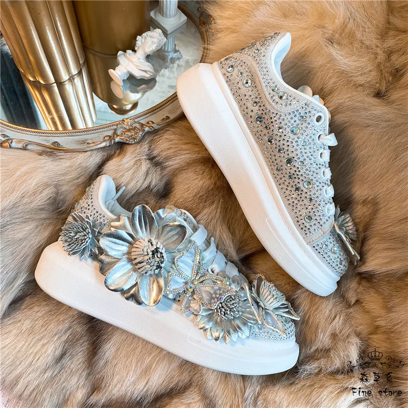 Women Sneakers Lovely Beautiful Crystals Bow Flowers Silver New Design Platform Fashion Diamond Butterfly Girls Comfortable Shoe