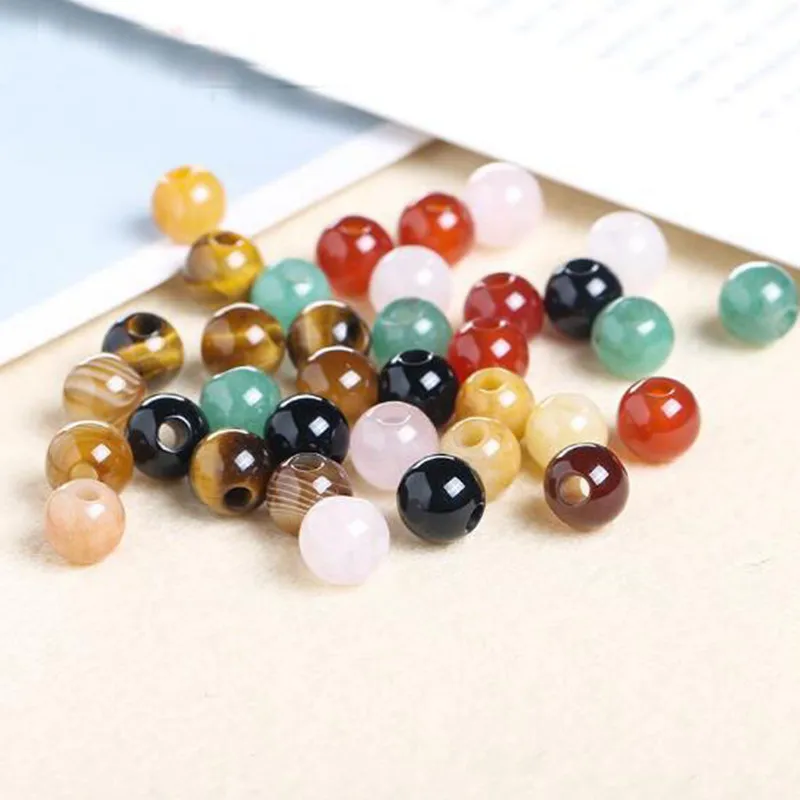 Natural Large Hole Beads Stone 6/8/10/12mm Smooth Round Necklace Bracelet Jewelry DIY Gems Loose Beads 50Pcs wk147