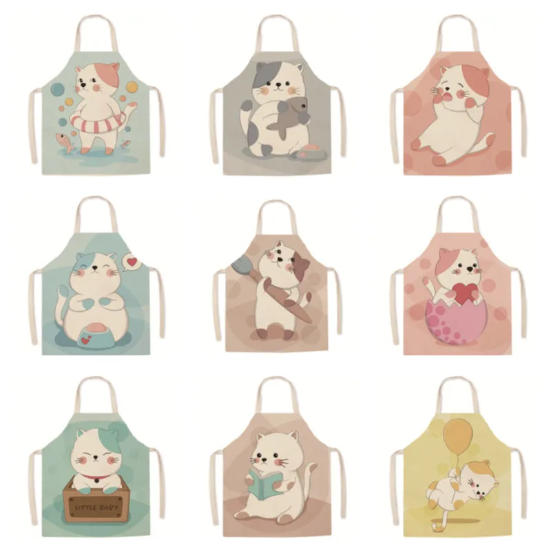 Cartoon Cute Kitten Parent-child Linen Apron Hot Selling Kitchen Cooking Anti-fouling Home Fashion Simple Baking Oil-proof Apron