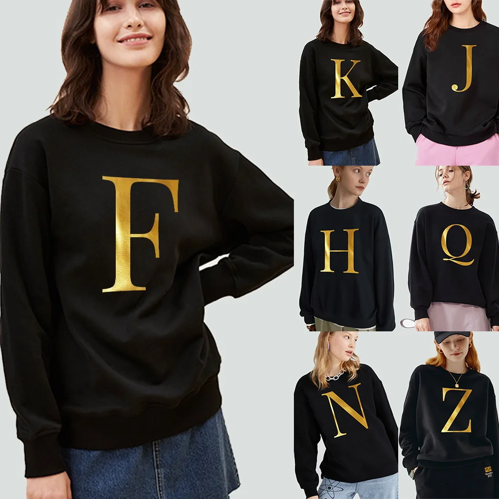 Women's Autumn Long-sleeved Sweatshirt Casual Pullover Initial Name Printing Gold Pattern O-neck Black Warm Commuter Soft Hoodie