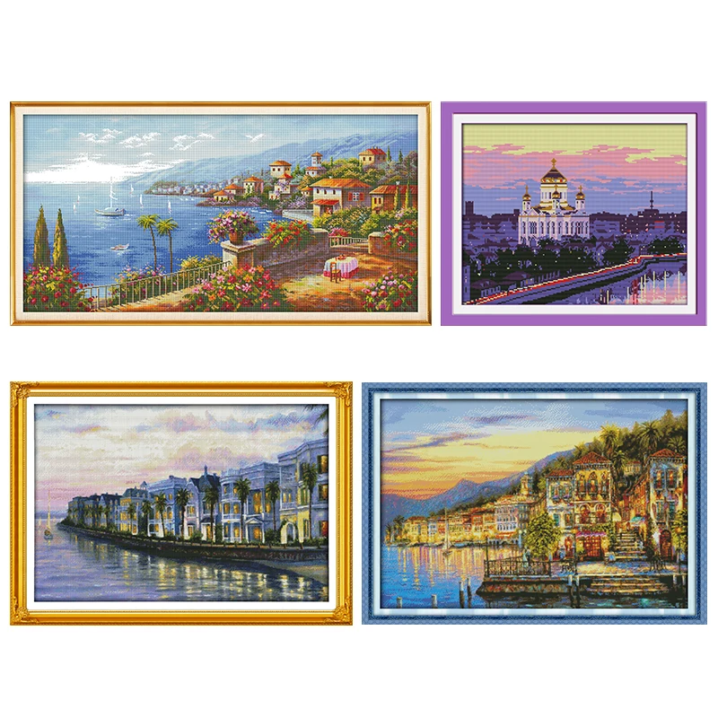 Embroidery Needlework Sets Stamped Cross-Stitch Kits Night At The Seaside Villas Printed 11CT 14CT Counted Crafts DIY Home Decor