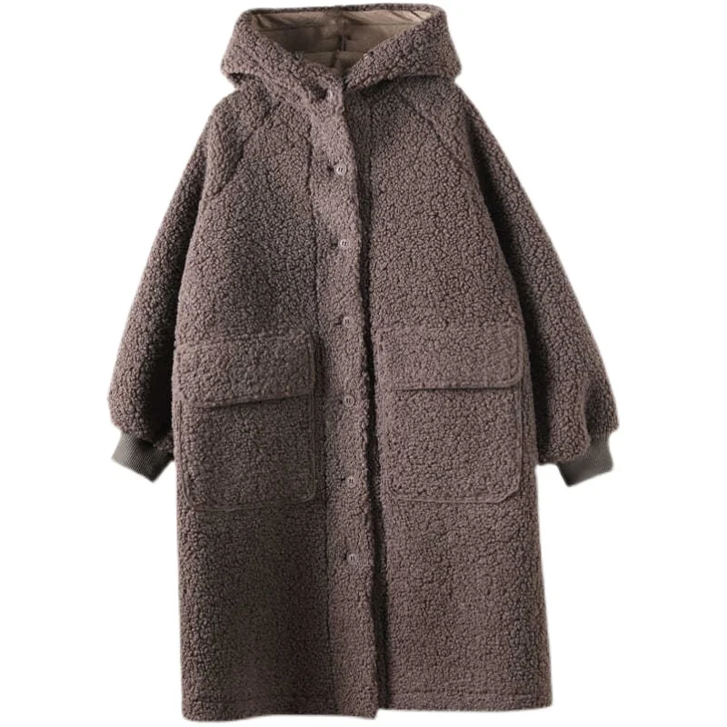 Moda giacca in pelliccia sintetica donna autunno inverno letteratura arte Vintage sciolto cappotto di pelliccia di agnello con cappuccio femminile soprabito di media lunghezza G1711