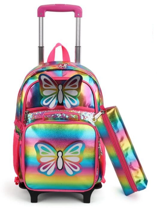 Carrinho escolar com lancheira para meninas, conjunto de mochila com rodas para estudante