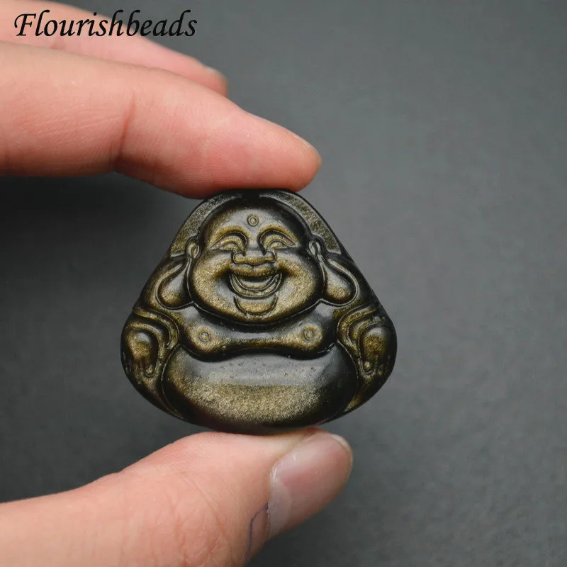 Natural Golden Obsidian Carved Laughing Buddha Gemstone Pendant Fit Necklace Buddhism Religion Accessories 5pcs / Lot