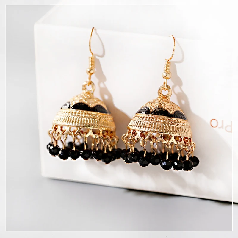 Ethnic Boho Beads Jhumka Earrings Womens 2022 Vintage Turkish Gold Color Carved Alloy Bollywood Bell Dangle Earrings