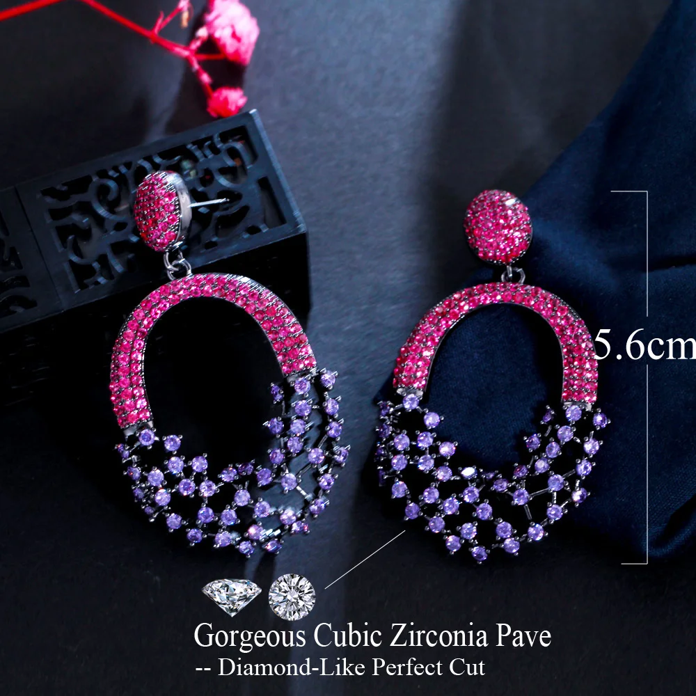 CWWZircons Elegant Hollow Out Purple Red Cubic Zirconia Crystal Engagement Wedding Dangle Earrings for Women Dress Jewelry CZ985