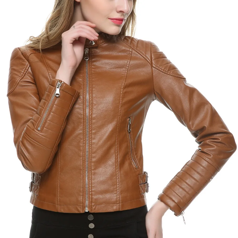 

Nice Brown Black Faux Leather Jacket Women Short Slim Chic Motorcycle Biker Jacket White Leather Coat Chaquetas Mujer 5 Colors