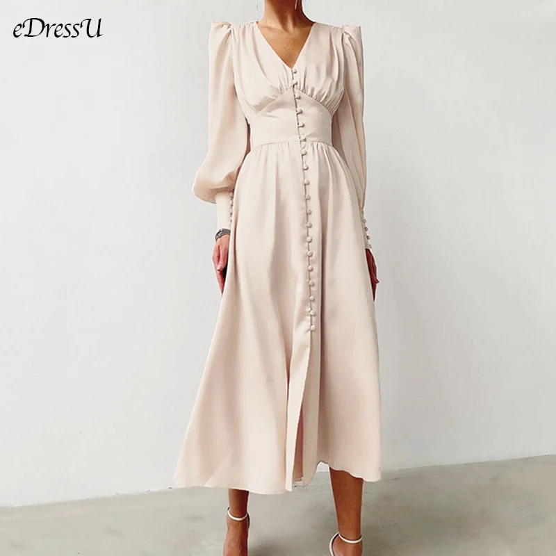 eDressU Silk Satin Wedding Party Dress Mid-Calf High Quality Empire Buttons Elegant Vintage Bridal Guest Maxi Dress SJY-6899