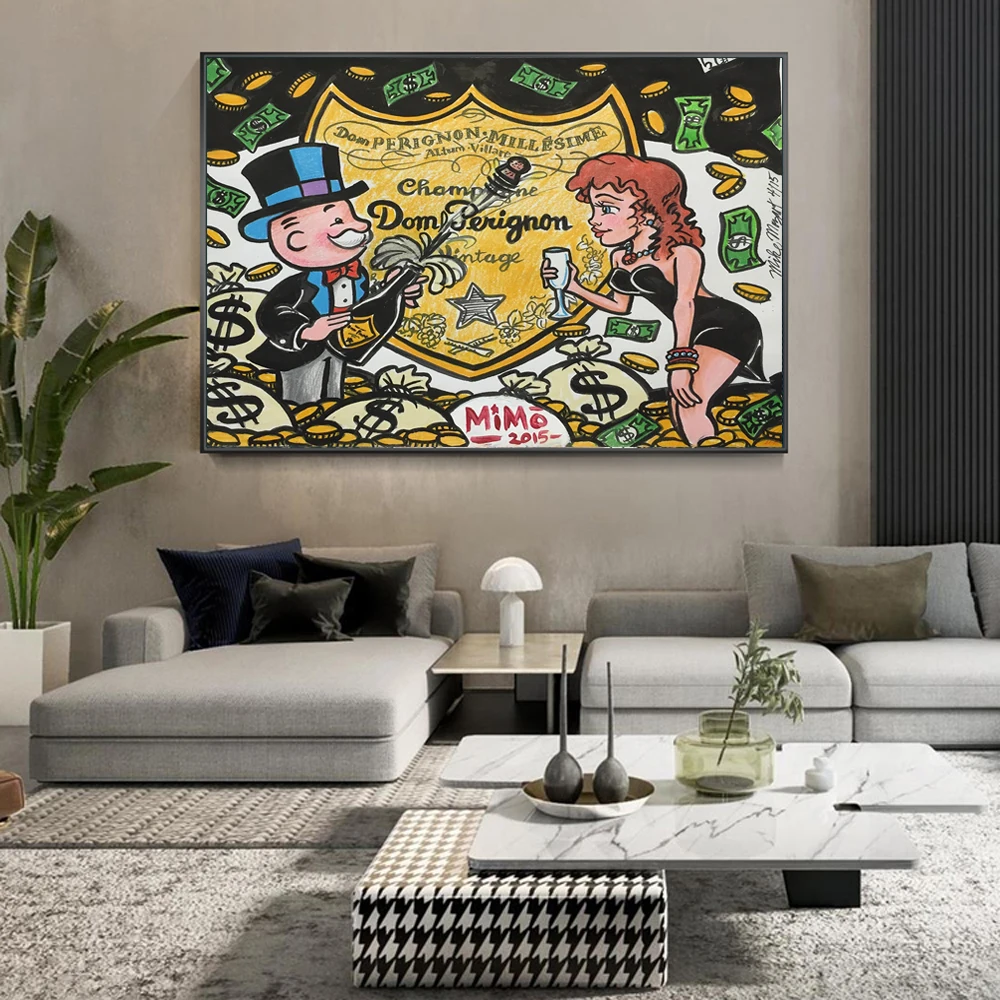 Graffiti Art Champagne Money Poster Alec Monopolyingly Paintings On Canvas Modern Art Decorative Wall Pictures Home Decoration