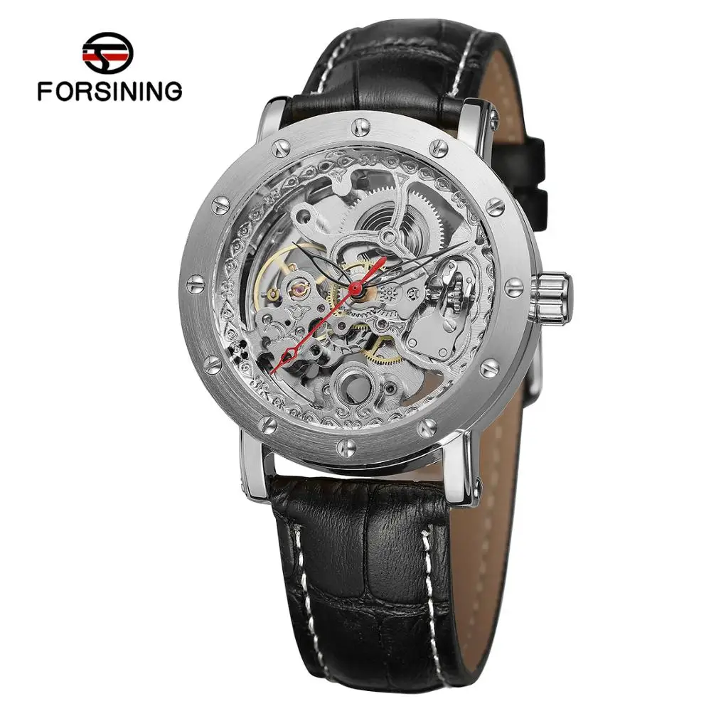 FORSINING mechanical watch Hollow nail scale red hand mechanical watch Silver black belt wrist watch