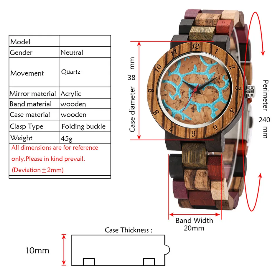 Full Wood Women Bracelet Watch Blue Lava Dial Mixed Color Wooden Watch Band Trend Lady Quartz Wristwatch Female Timepiece