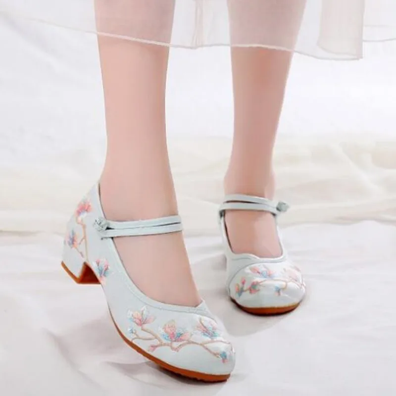 Embroidered Women Retro Mary Jane Pumps Ladies Ankle Strap Dancing Shoes Vintage Ethnic Dress Shoe Summer Autumn Mid Heels