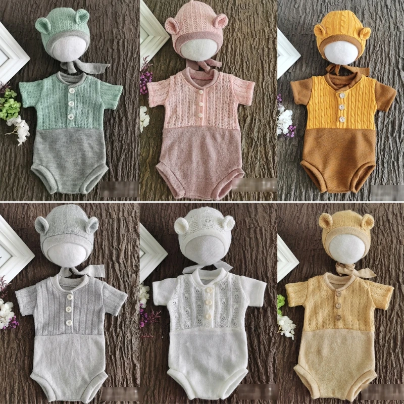 Ensemble de 2 pièces d'accessoires de photographie pour nouveau-nés, tenue en tricot, barboteuse en dentelle, chapeau, vêtements pour nourrissons, séance Photo, cadeaux