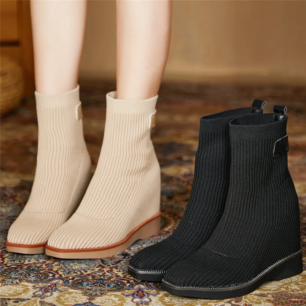 

2021 Winter Warm Pumps Shoes Women Knitting Wedges High Heel Ankle Boots Female High Top Round Toe Oxfords Shoes Casual Shoes