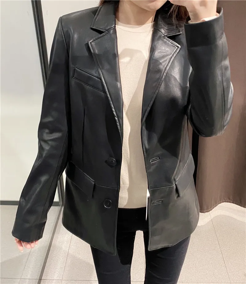 여성 가을 블랙 패션 pu za 자켓 여성 좋은 캐주얼 긴 소매 주머니 싱글 브레스트 슬림 가짜 lenther outwear femme