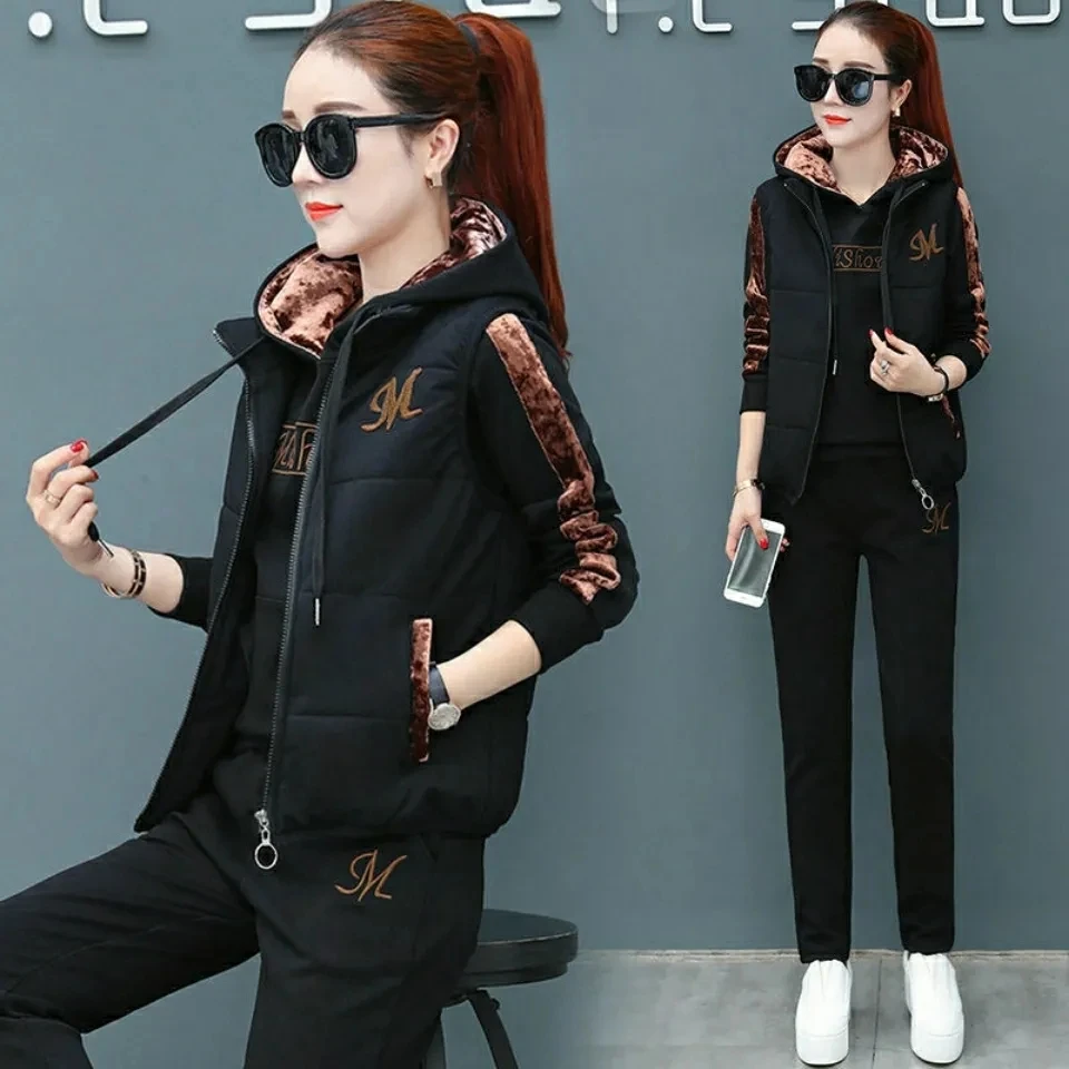 Warm 3 Piece Set Casual Waistcoat Thick Hooded Tracksuit Jogger Harem Pant Suits Fall Winter Women Embroidery New Sweatsuits